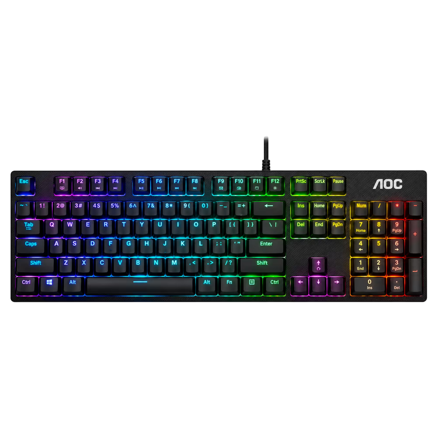 A black AOC mechanical keyboard with vibrant RGB backlighting showing a rainbow gradient across the keys, set against a plain white background.