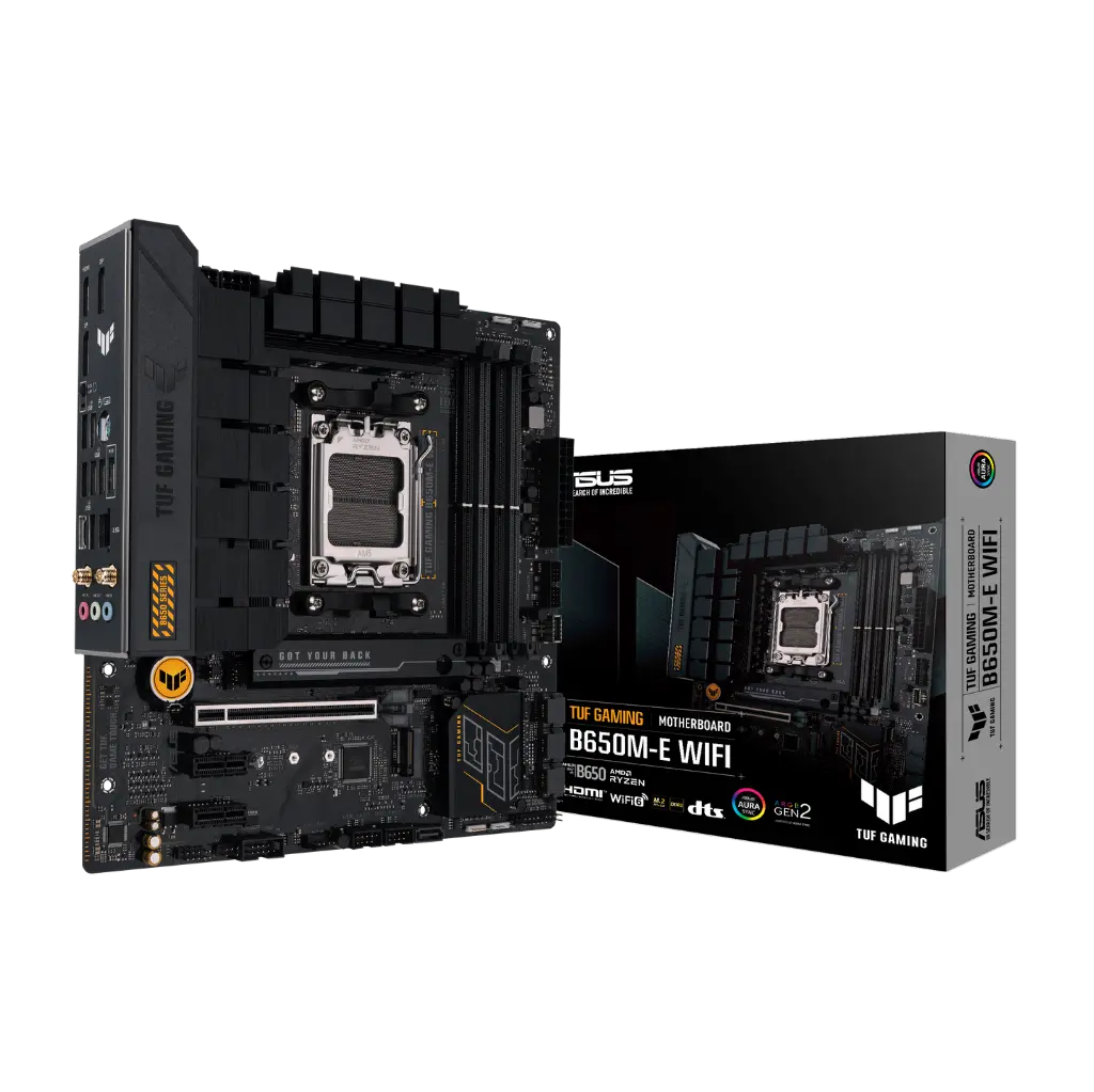 Asus TUF Gaming motherboard with packaging on a white background