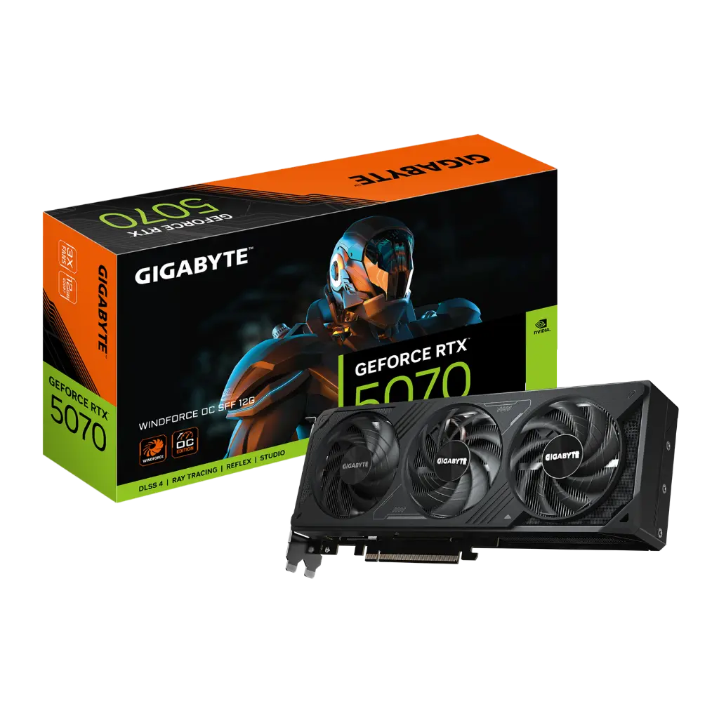 Gigabyte GeForce RTX 5070 graphics card packaging with the card displayed in front.