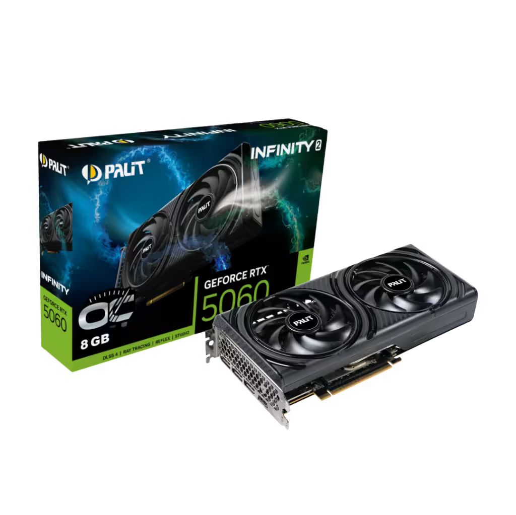 Palt Infinity 8 GeForce RTX 5060 graphics card shown next to its retail packaging box on a solid white background.
