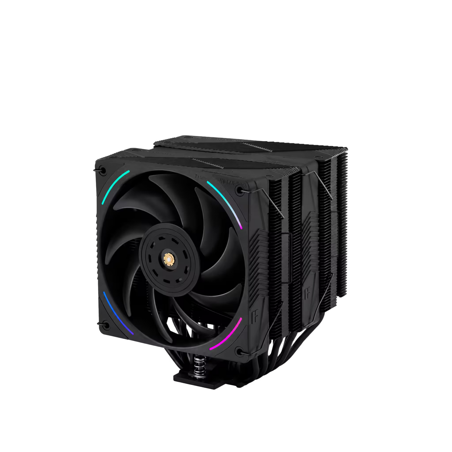 Computer cooling system with RGB lighting on a black background