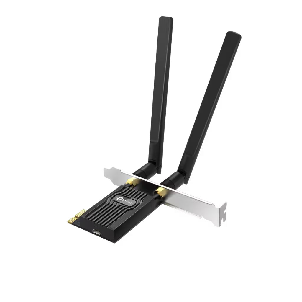 A black PCI Express wireless network card with two long black antennas and a silver metal bracket, shown on a plain white background.