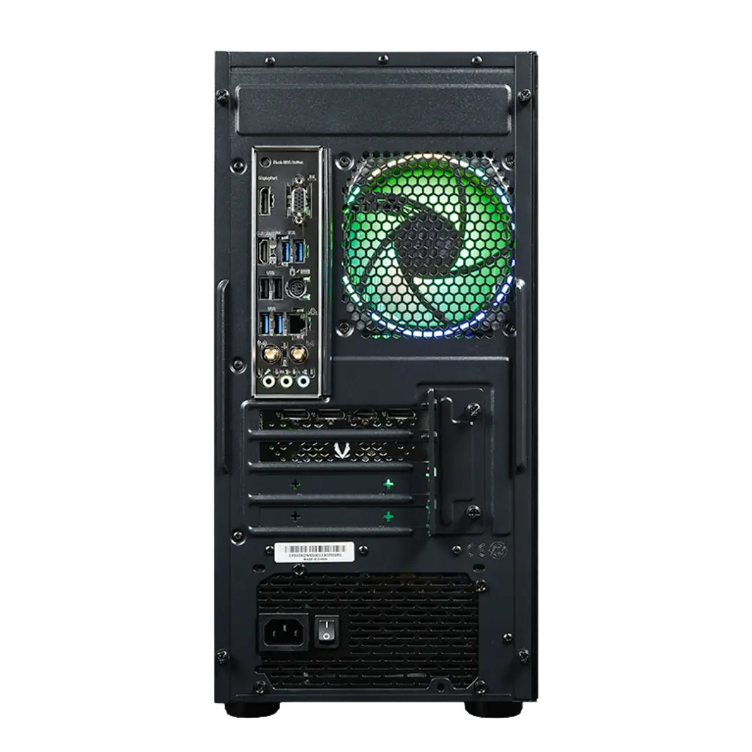 Back view of a computer case with a green cooling fan on a white background