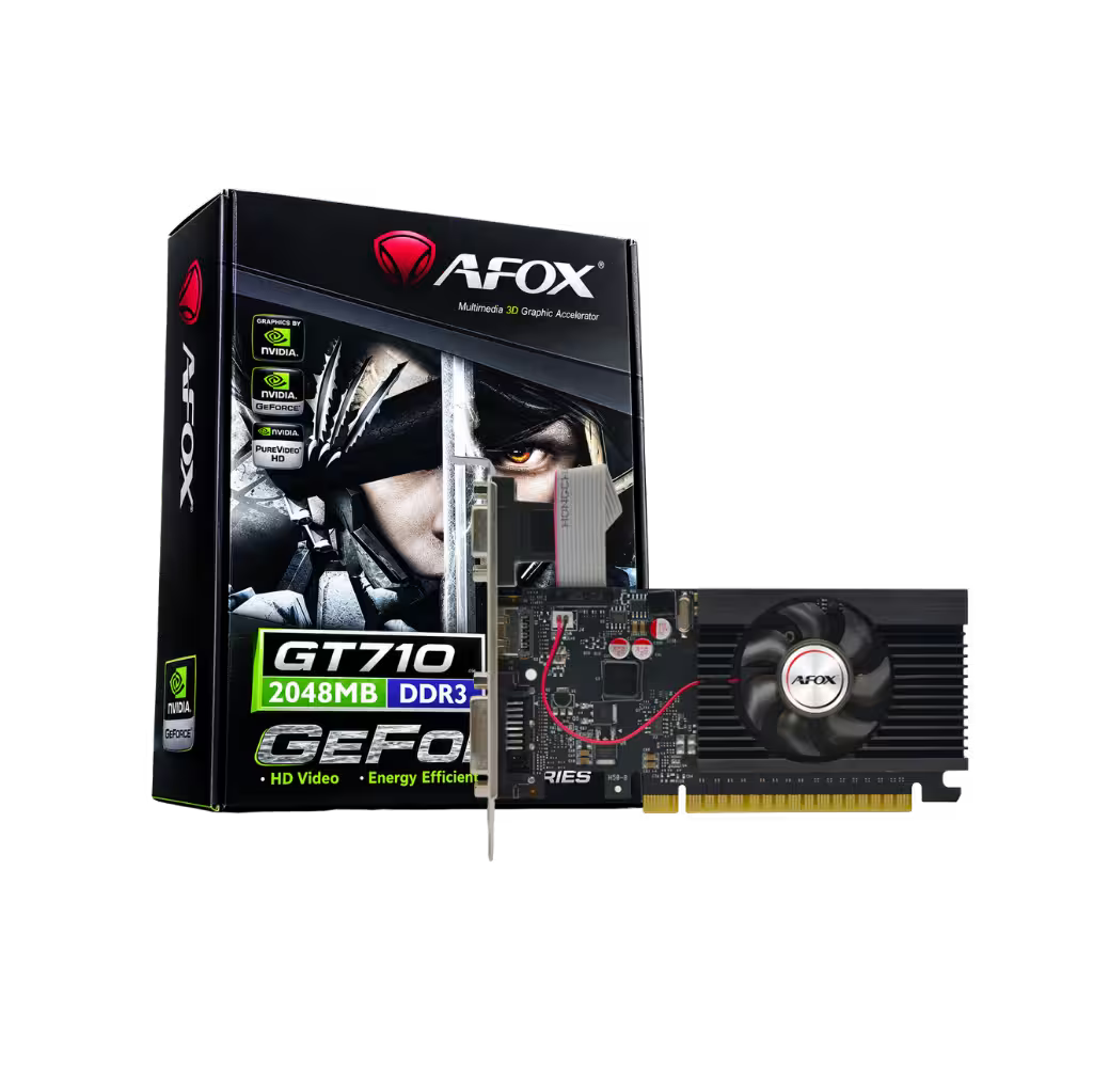 AFOX GT710 2048MB DDR3 GEFO graphics card shown next to its retail packaging box on a solid white background.