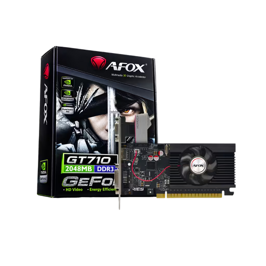 AFOX GT710 2048MB DDR3 GEFO graphics card shown next to its retail packaging box on a solid white background.