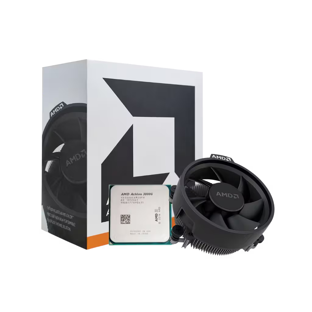 AMD processor and cooler with packaging on a white background