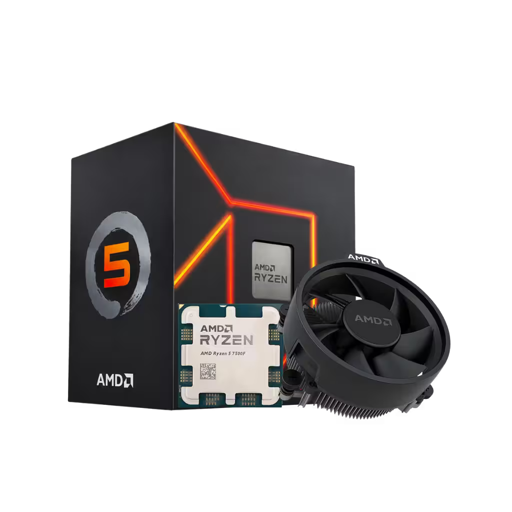 AMD Ryzen 5 5600X processor shown with its retail box, a CPU package, and a black AMD CPU cooler on a plain white background.