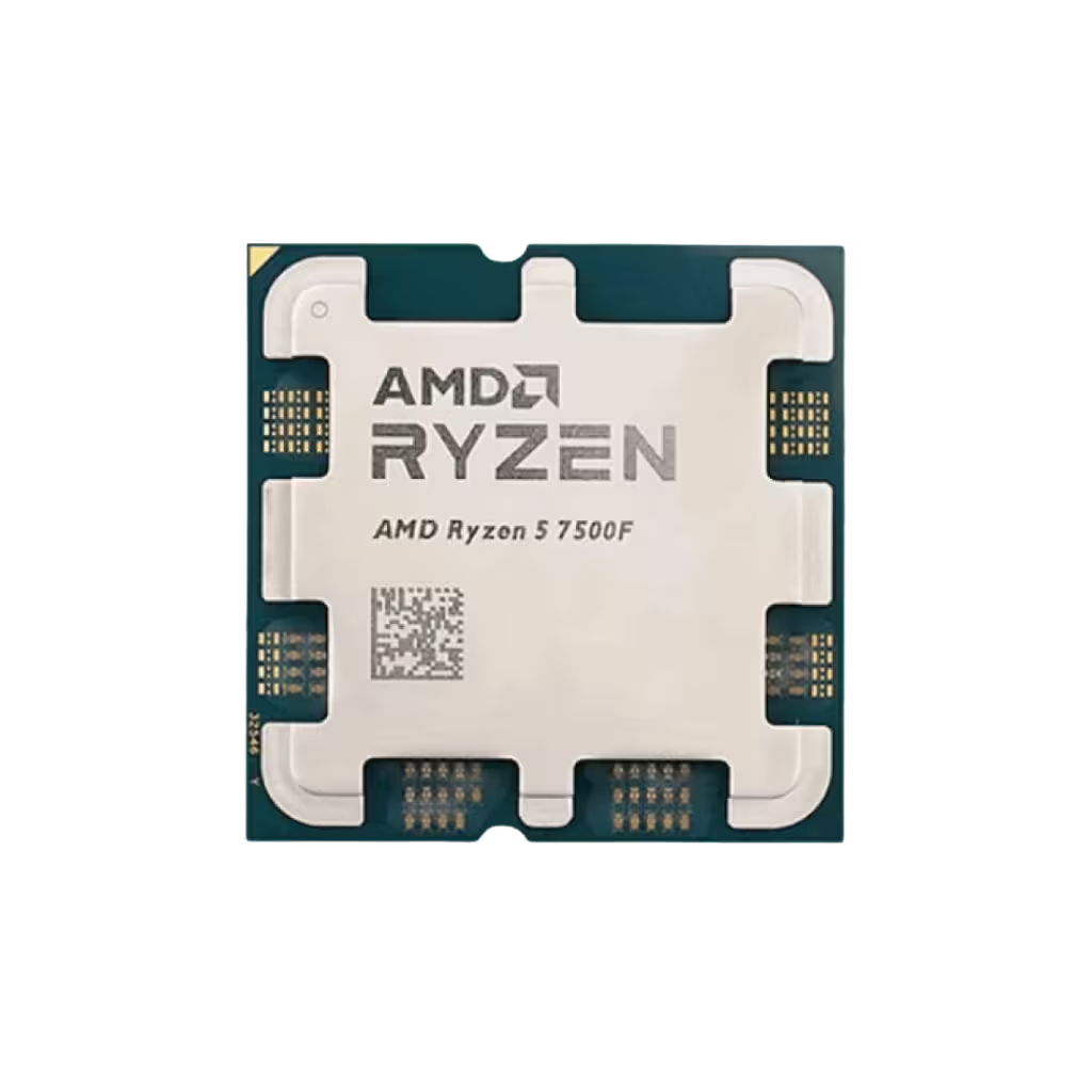 AMD Ryzen 5 7500F processor package with a white thermal spreader and dark teal substrate, shown on a plain white background.