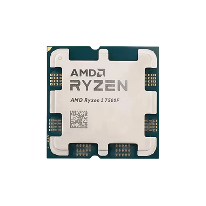 AMD Ryzen 5 7500F processor package with a white thermal spreader and dark teal substrate, shown on a plain white background.