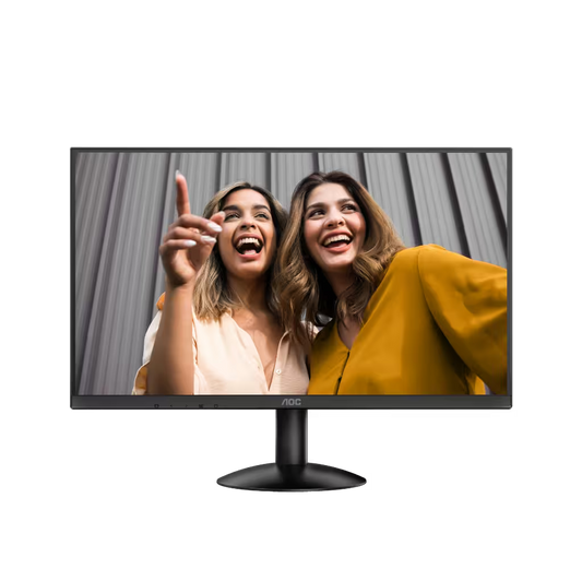 Monitor displaying two women on a white background