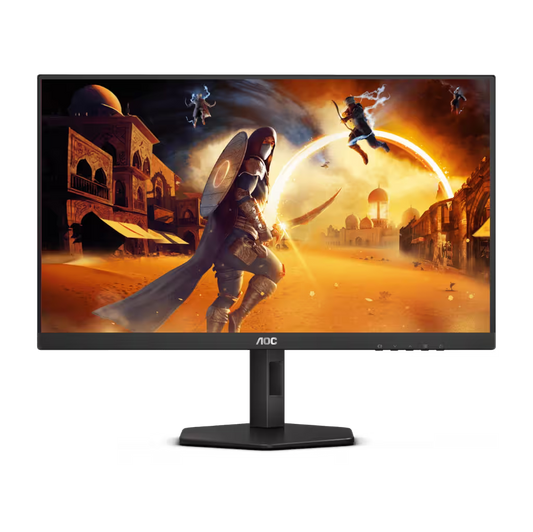 Gaming monitor displaying a fantasy scene with a warrior and AOC logo.