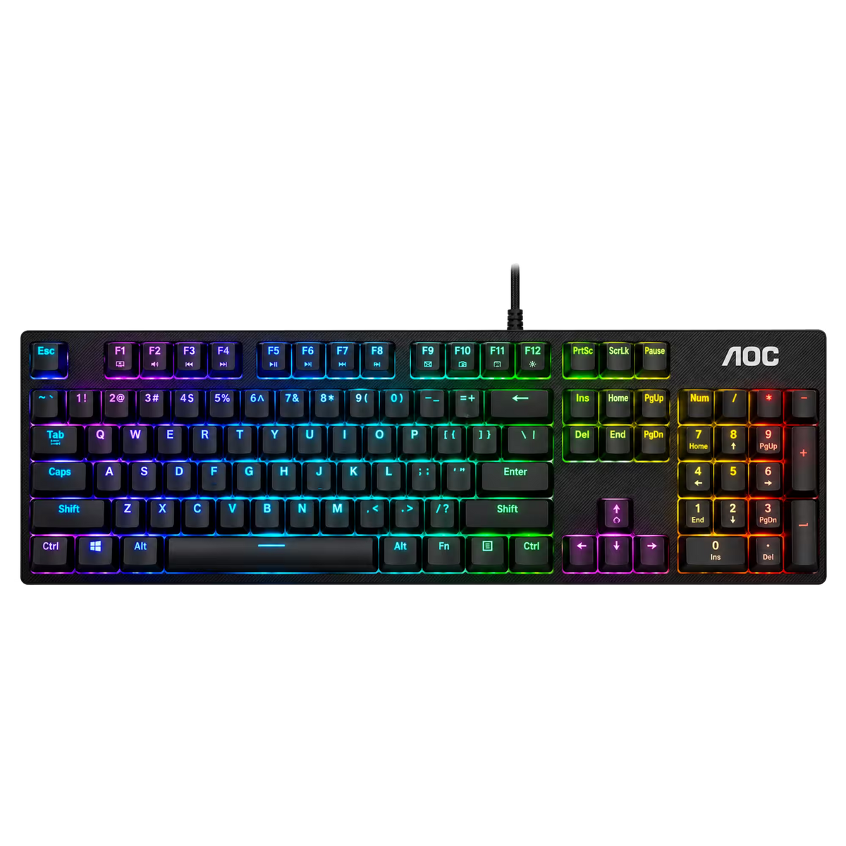 A black AOC mechanical keyboard with vibrant RGB backlighting showing a rainbow gradient across the keys, set against a plain white background.