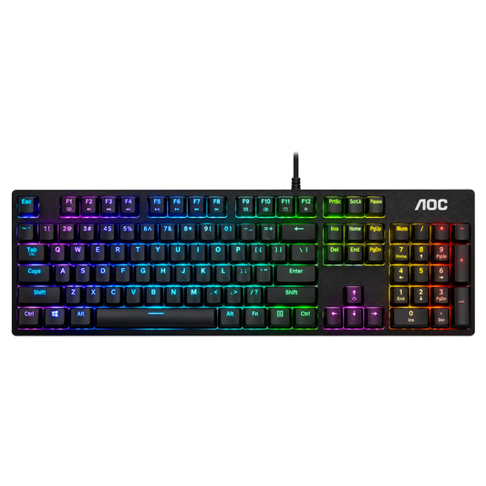 A black AOC mechanical keyboard with vibrant RGB backlighting showing a rainbow gradient across the keys, set against a plain white background.