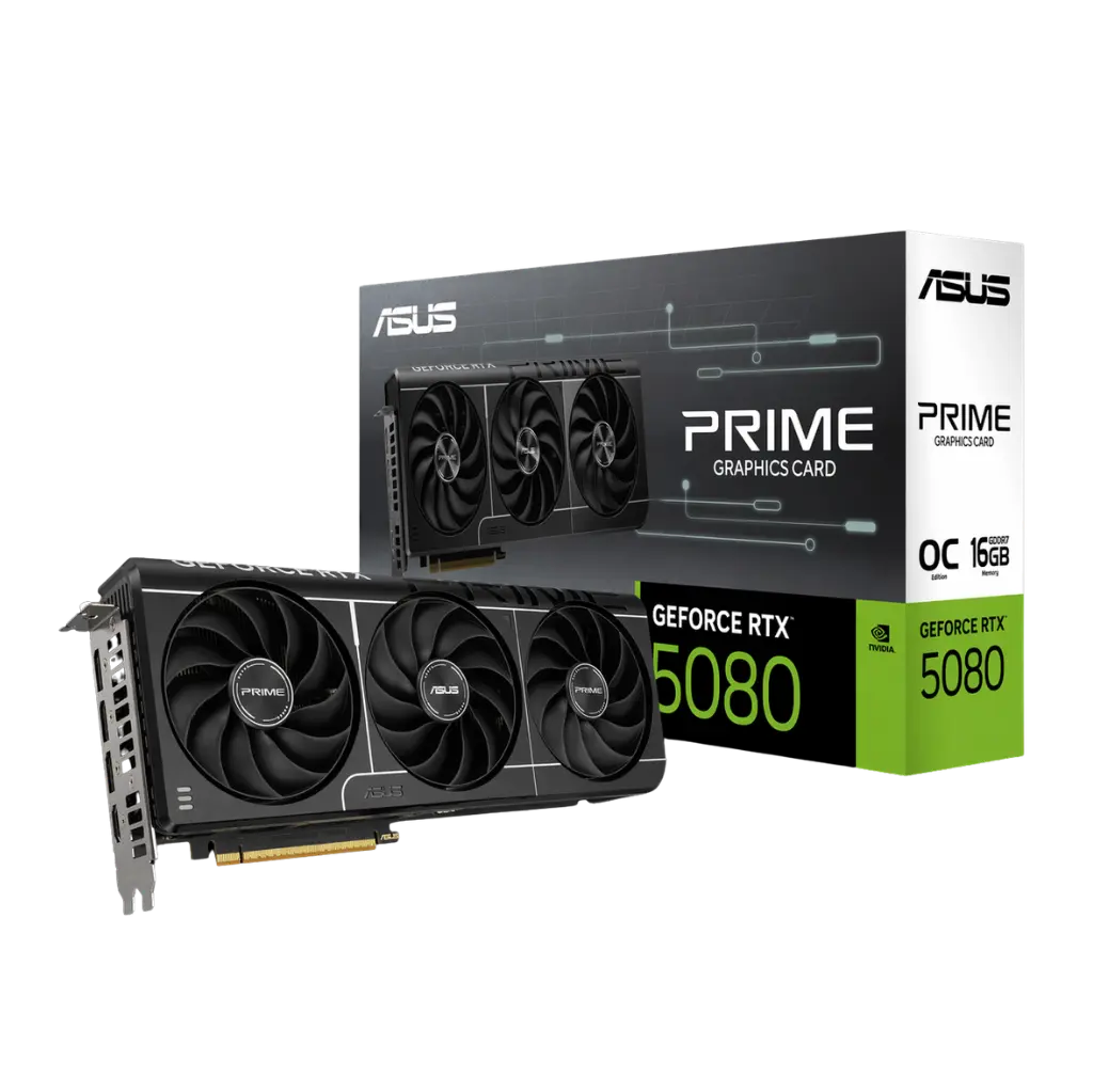 Asus GeForce RTX 5080 graphics card and packaging on a white background