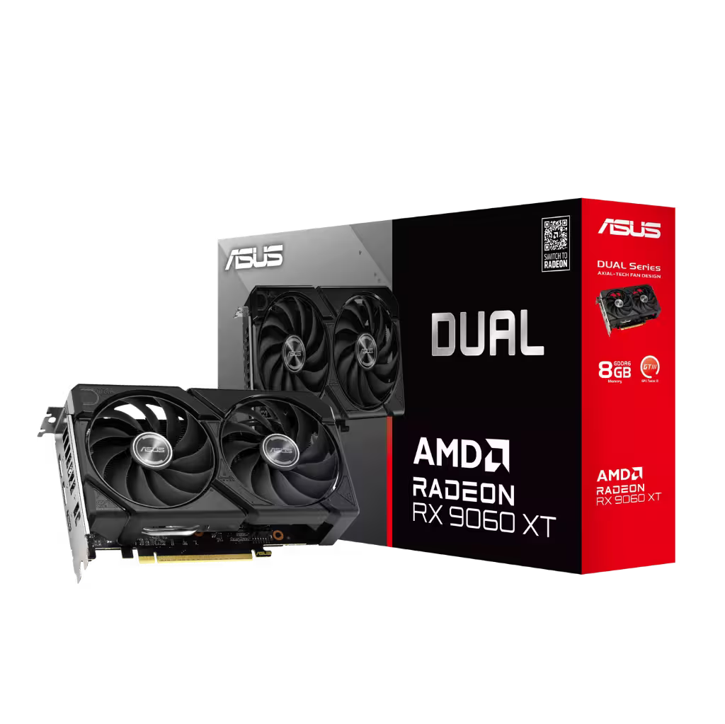 ASUS AMD Radeon RX 9060 XT Dual graphics card shown in front of its retail box on a plain white background.