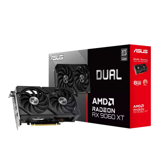 ASUS AMD Radeon RX 9060 XT Dual graphics card shown in front of its retail box on a plain white background.