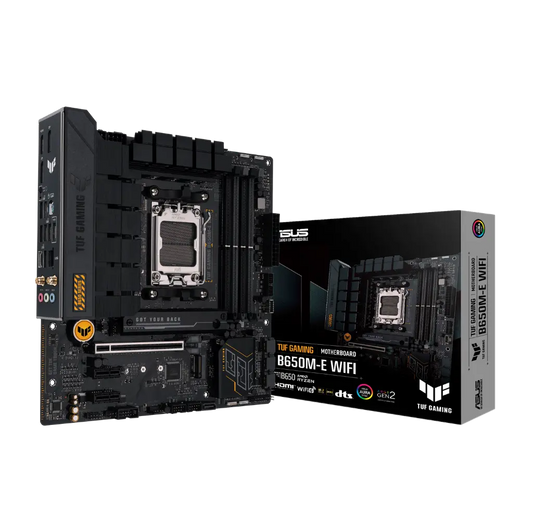 Asus TUF Gaming motherboard with packaging on a white background