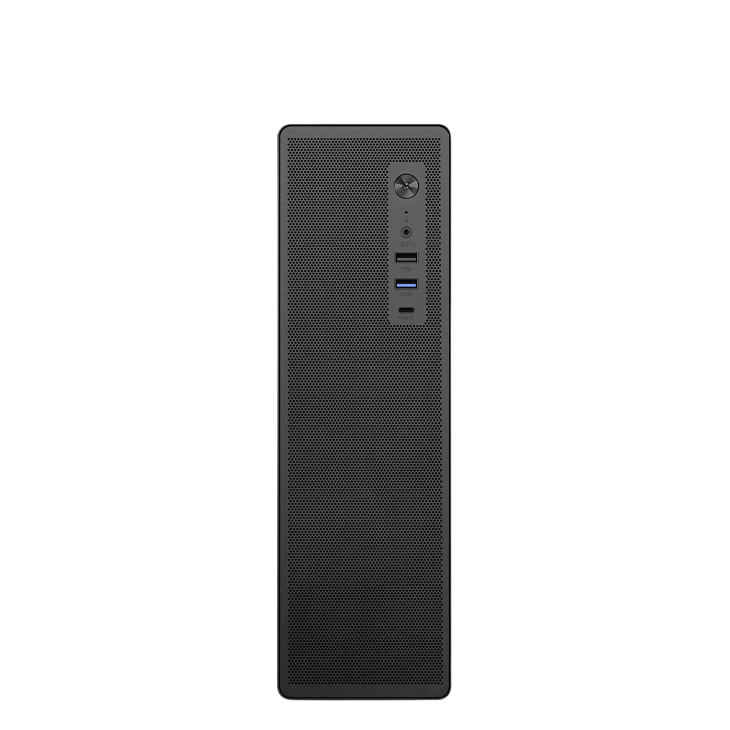 A black desktop computer tower shown from the front on a plain white background.