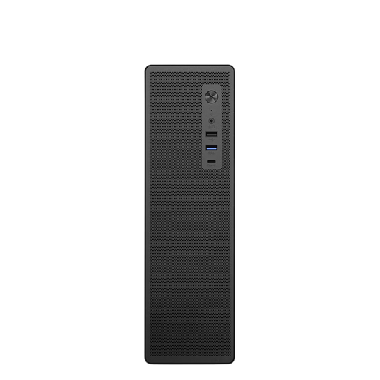 A black desktop computer tower shown from the front on a plain white background.