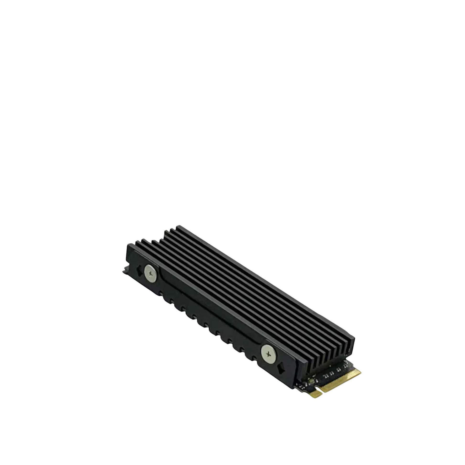 A black aluminum heatsink with a ribbed fin design, secured with two silver screws, featuring a gold PCIe connector on a solid white background.