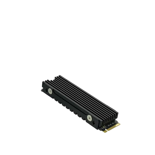 A black aluminum heatsink with a ribbed fin design, secured with two silver screws, featuring a gold PCIe connector on a solid white background.