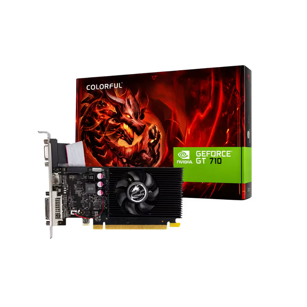 NVIDIA GeForce GT 710 graphics card with a black heat sink and silver metal I/O bracket, shown in front of its red and black retail box featuring a dragon graphic and a green GeForce GT 710 label.