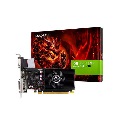 NVIDIA GeForce GT 710 graphics card with a black heat sink and silver metal I/O bracket, shown in front of its red and black retail box featuring a dragon graphic and a green GeForce GT 710 label.