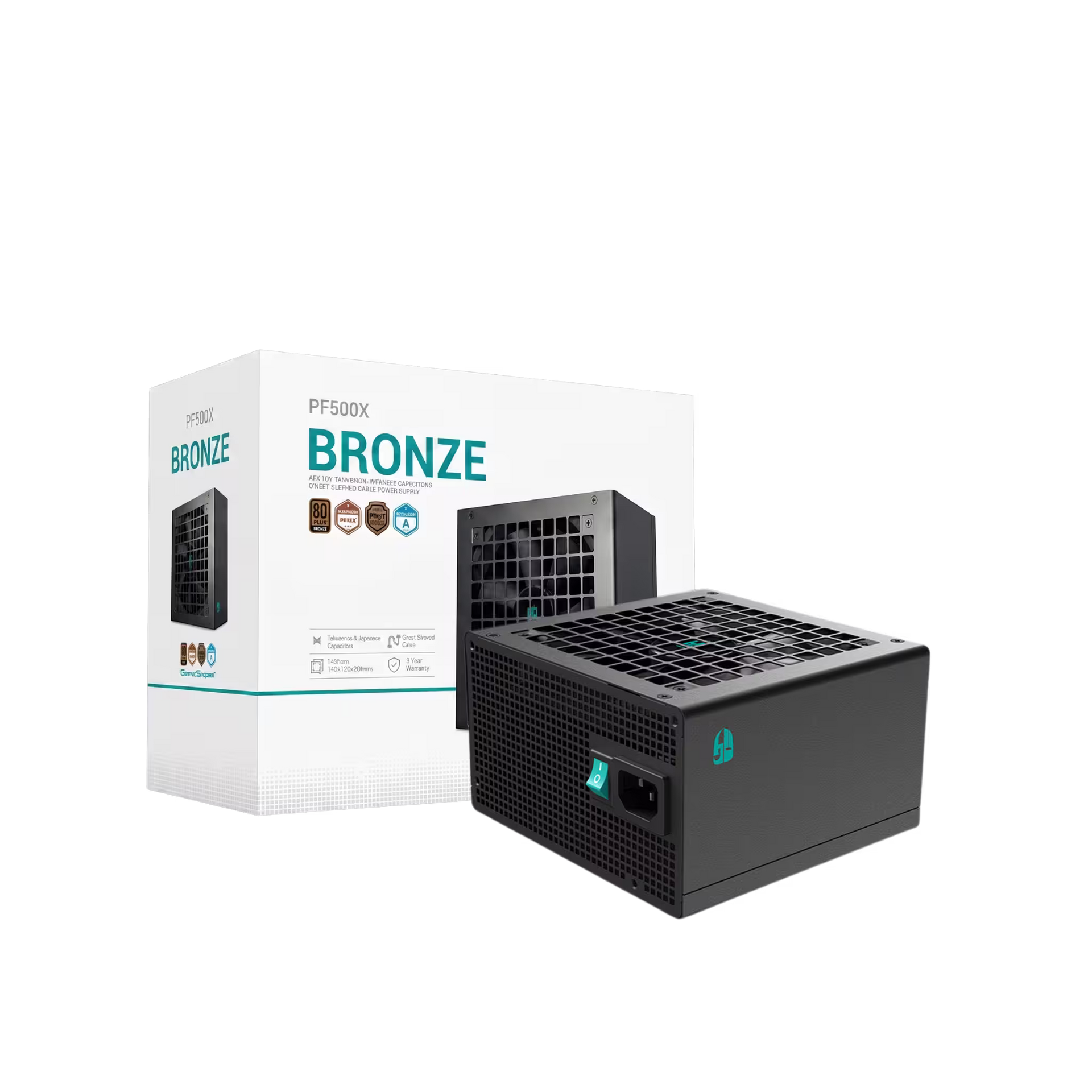 Computer power supply unit with packaging labeled 'Bronze' on a white background