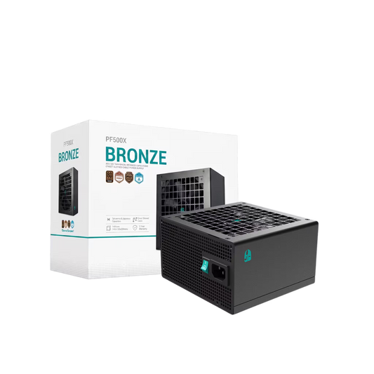 Computer power supply unit with packaging labeled 'Bronze' on a white background