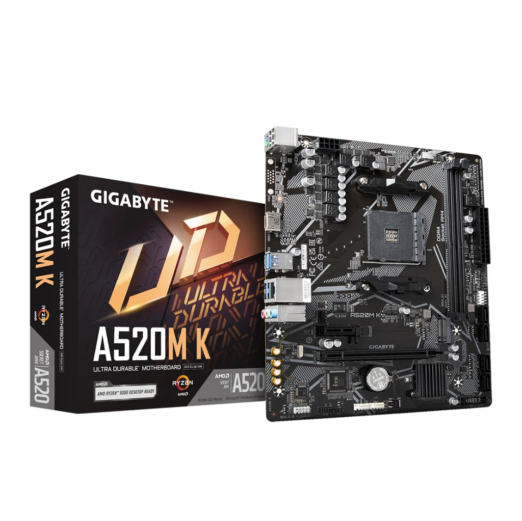 Gigabyte A520M K motherboard and packaging on a white background