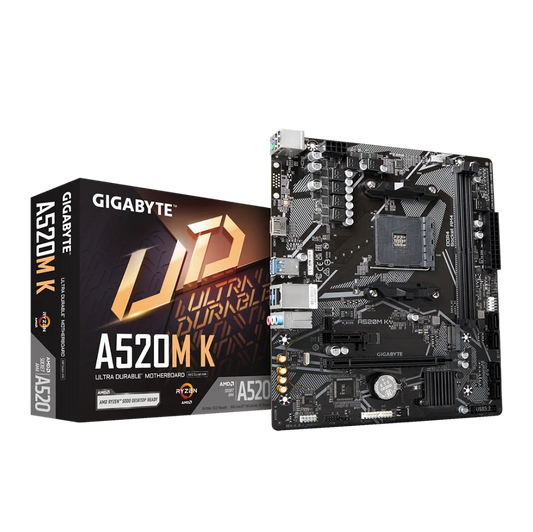 Gigabyte A520M K motherboard and packaging on a white background