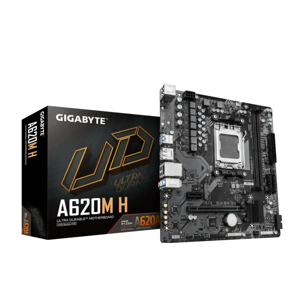 Gigabyte A620M H motherboard and packaging on a white background