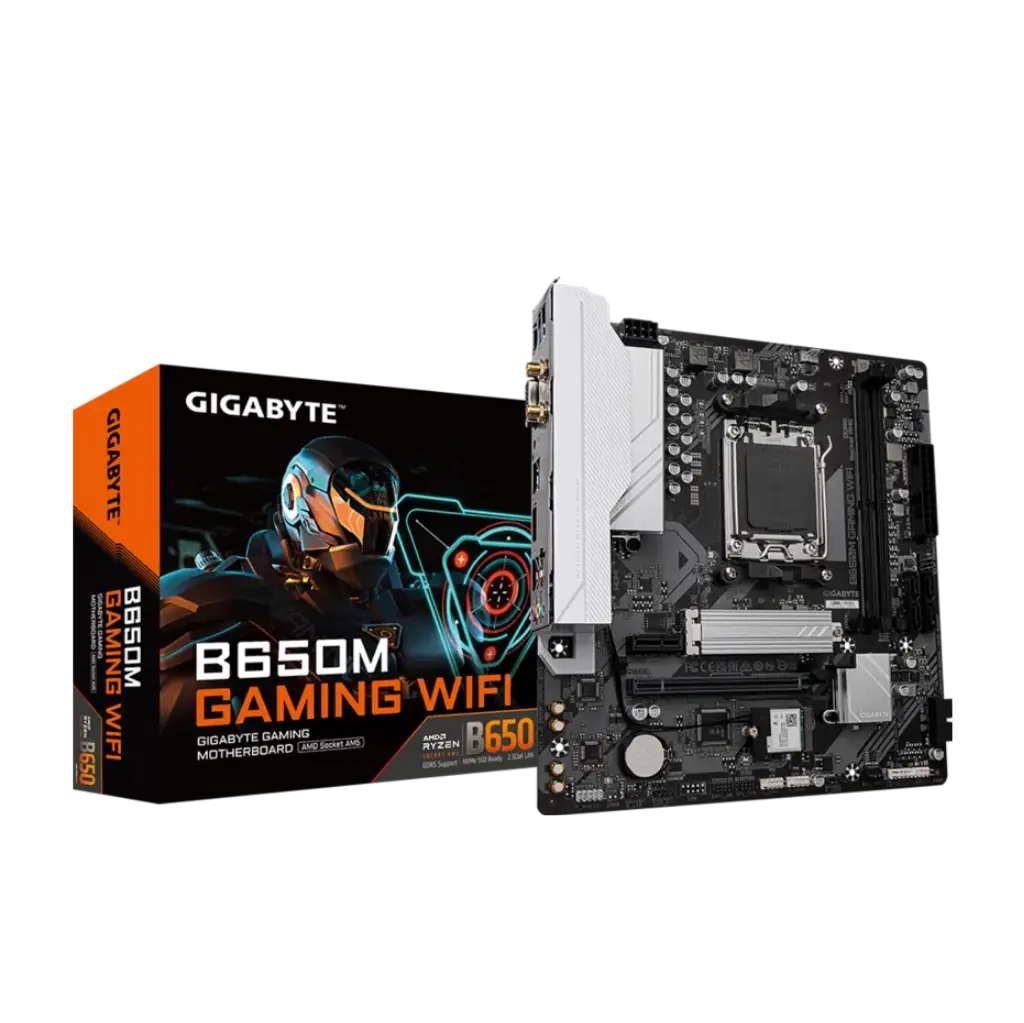 Gigabyte B650M Gaming WiFi motherboard and packaging on a white background