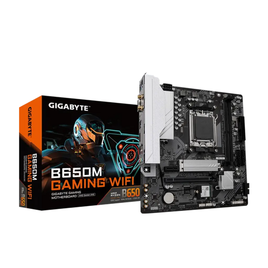 Gigabyte B650M Gaming WiFi motherboard and packaging on a white background