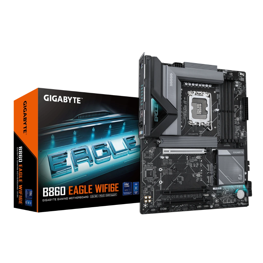 Gigabyte B860 Eagle Wi-Fi motherboard with packaging on a white background