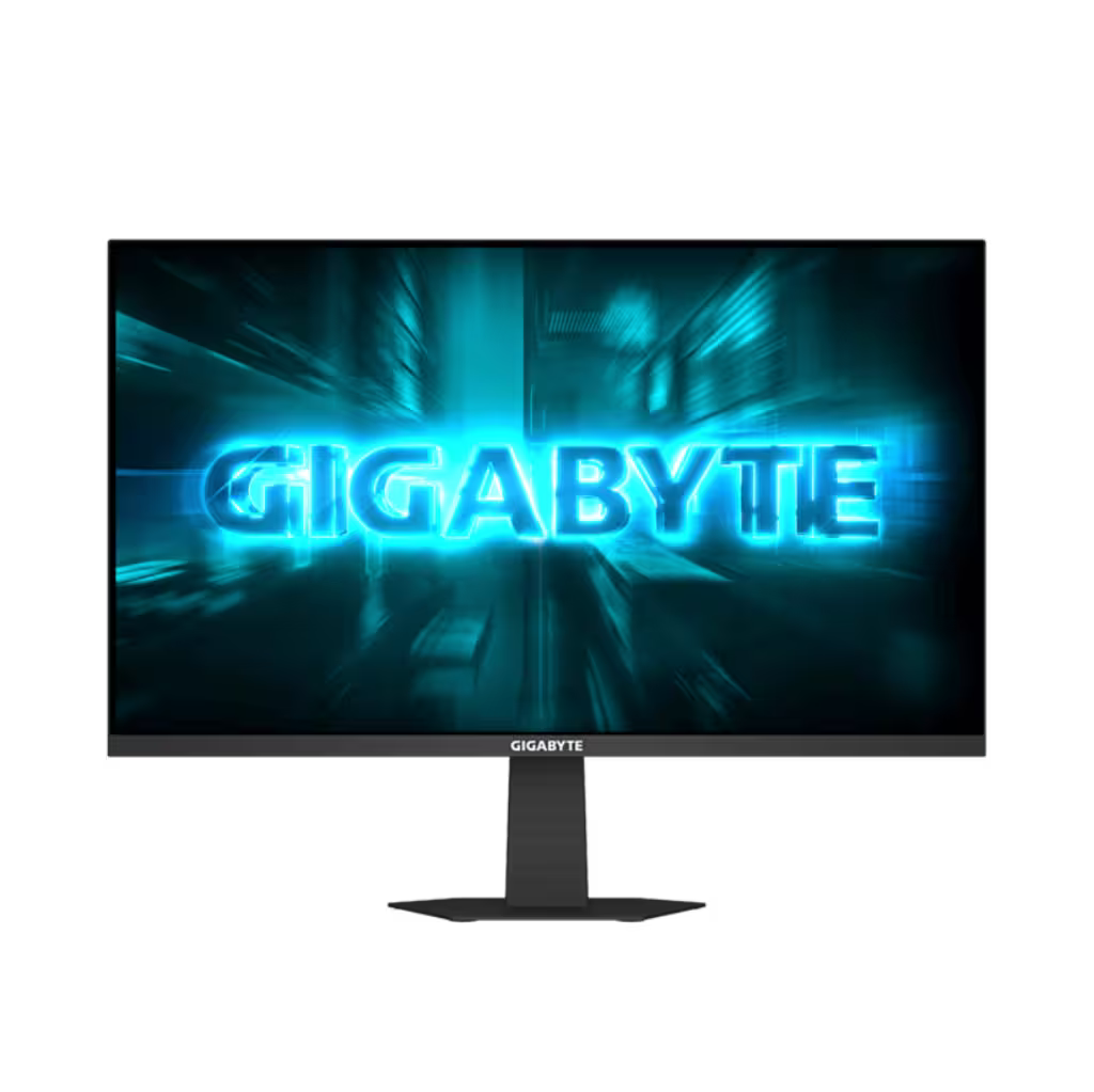 Gigabyte monitor with a blue neon effect on a black background