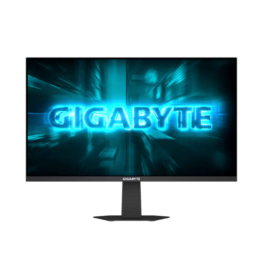 Gigabyte monitor with a blue neon effect on a black background