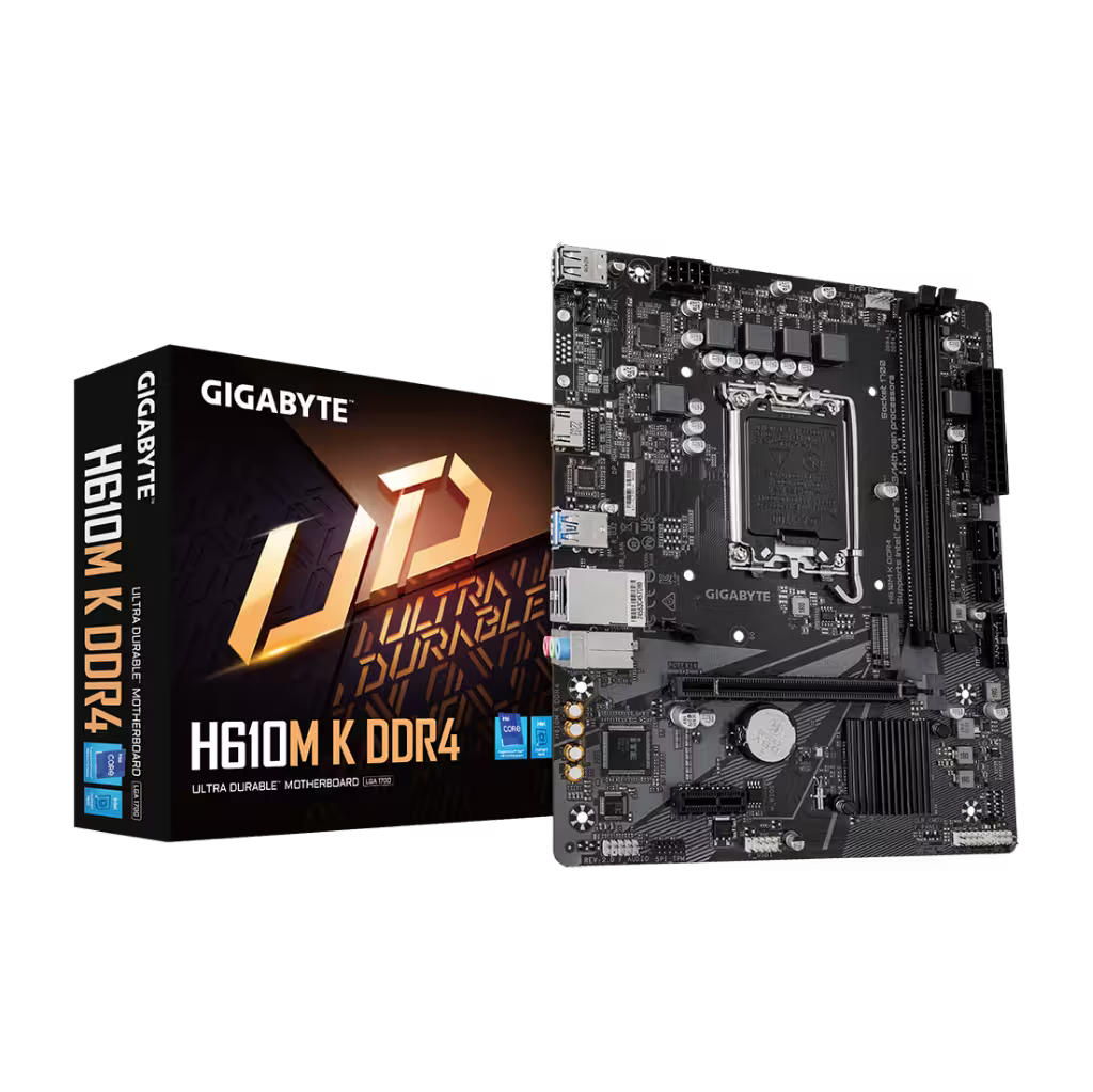 Gigabyte H610M K DDR4 motherboard shown next to its retail box on a plain white background.