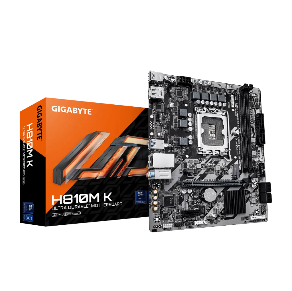 Gigabyte H810M K motherboard with packaging on a white background