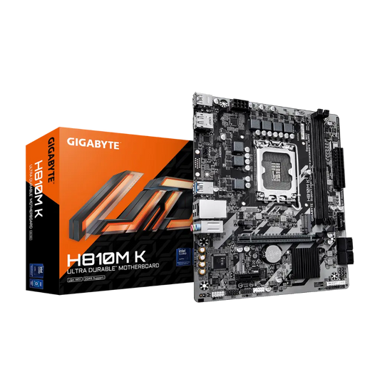 Gigabyte H810M K motherboard with packaging on a white background