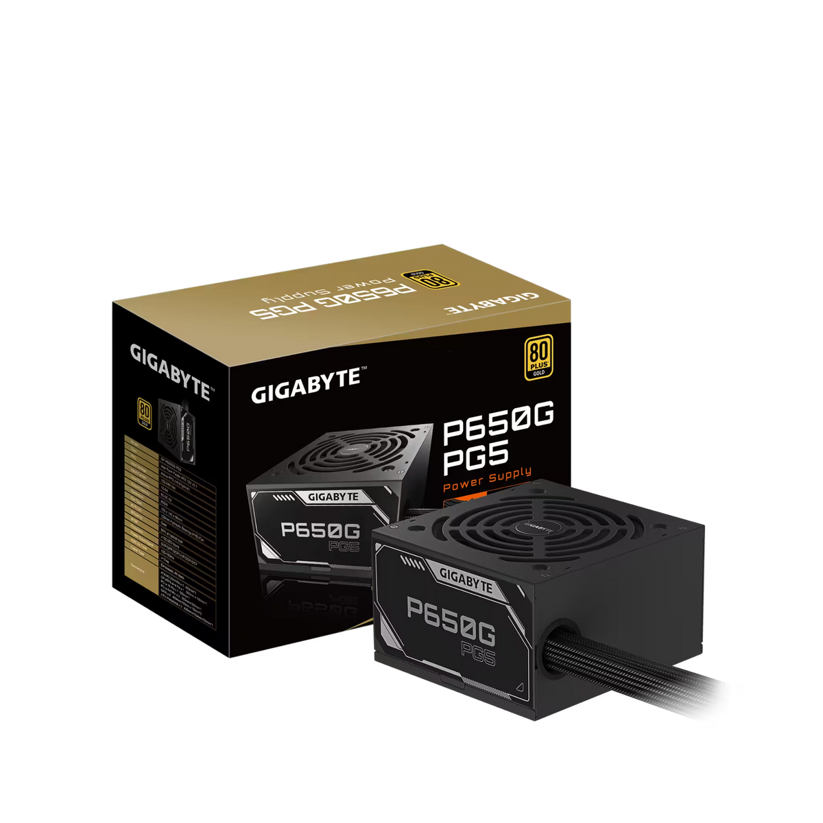GIGABYTE P650G PG5 power supply and its retail packaging box, shown on a clean white background.