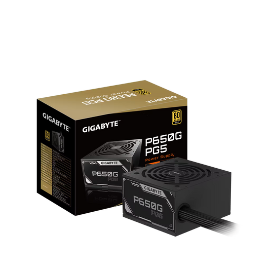 GIGABYTE P650G PG5 power supply and its retail packaging box, shown on a clean white background.