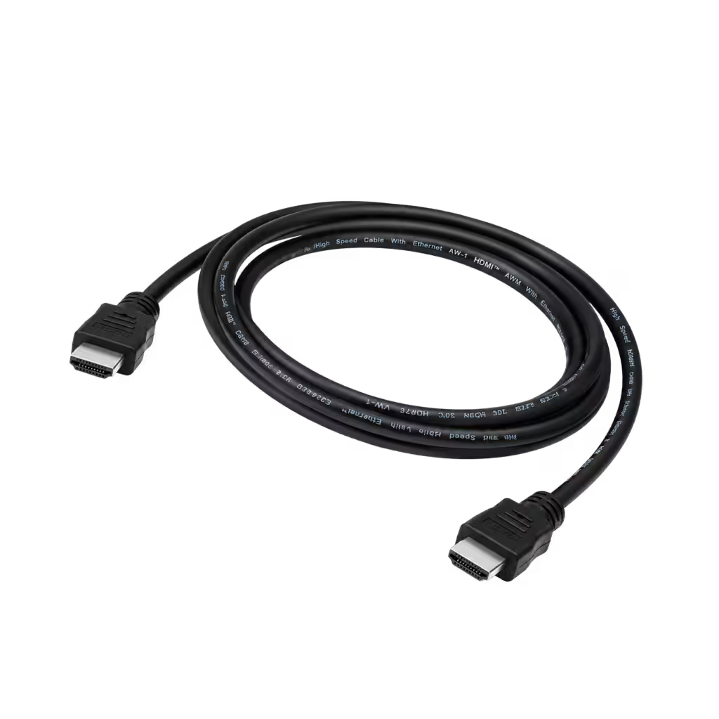 A black HDMI cable coiled in a circle, showing both HDMI female connectors at the ends, on a solid white background.