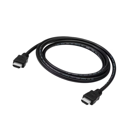 A black HDMI cable coiled in a circle, showing both HDMI female connectors at the ends, on a solid white background.