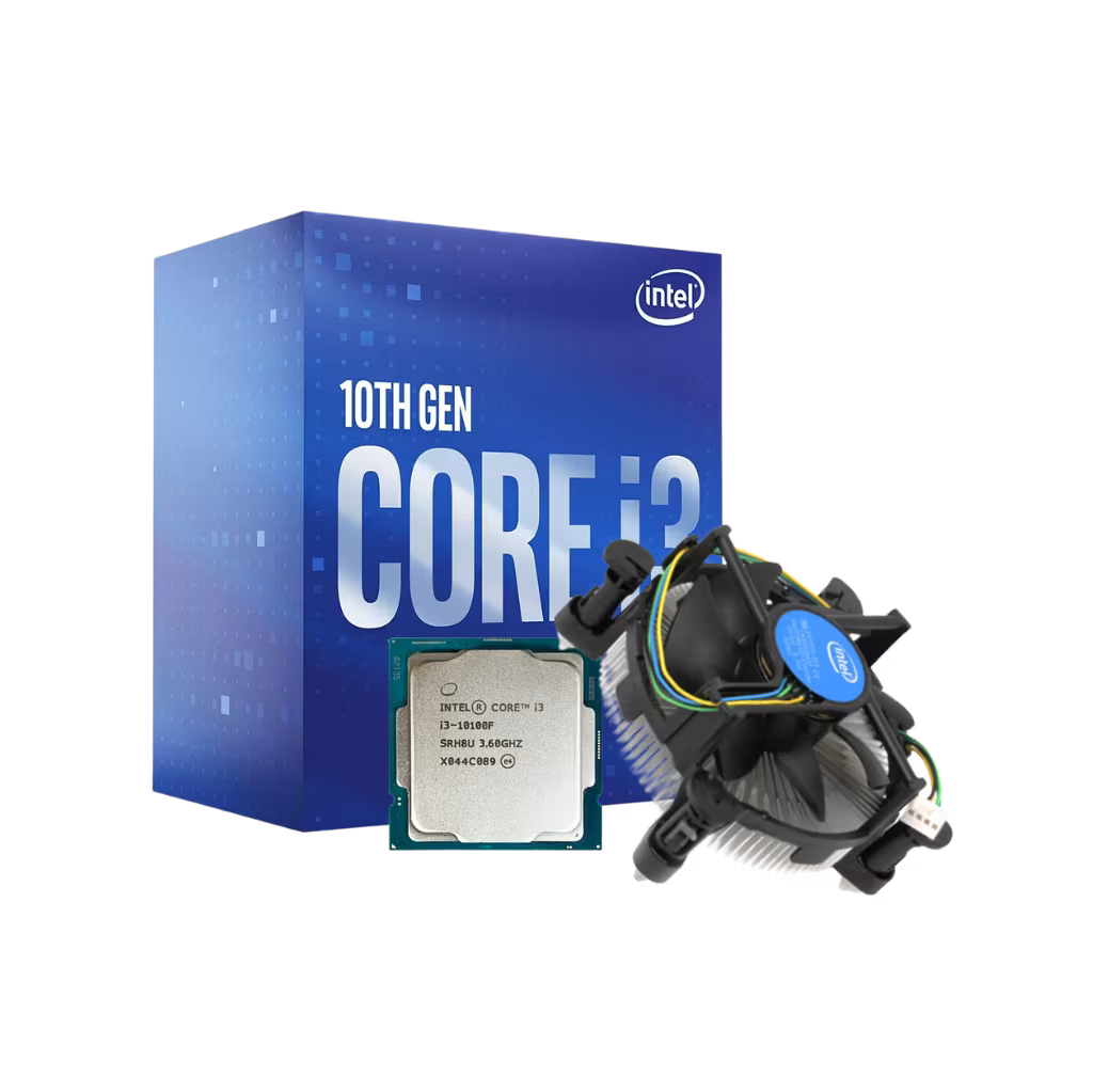 Intel 10th Gen Core i3 processor packaging with CPU and cooler on a white background