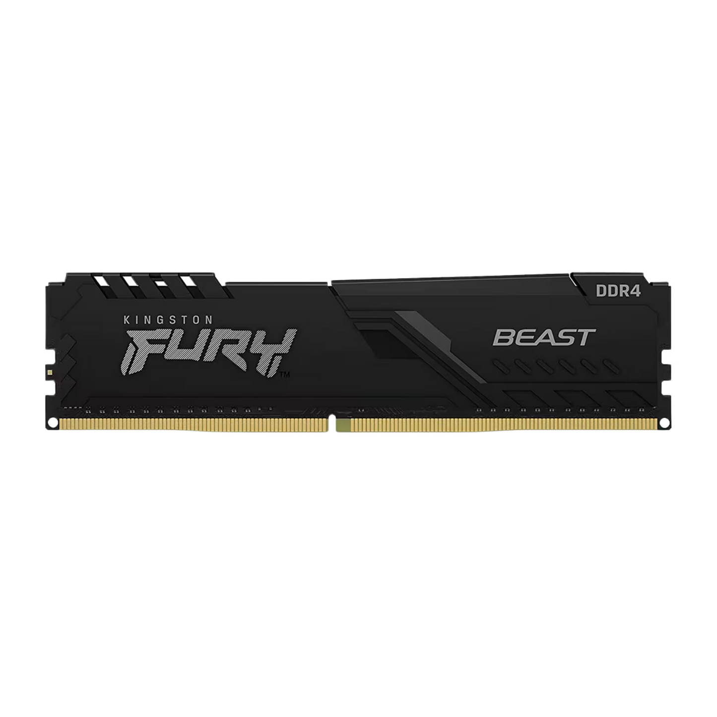 Kingston Fury Beast DDR4 RAM module with a black heat spreader and gold-plated contacts, shown on a plain white background.