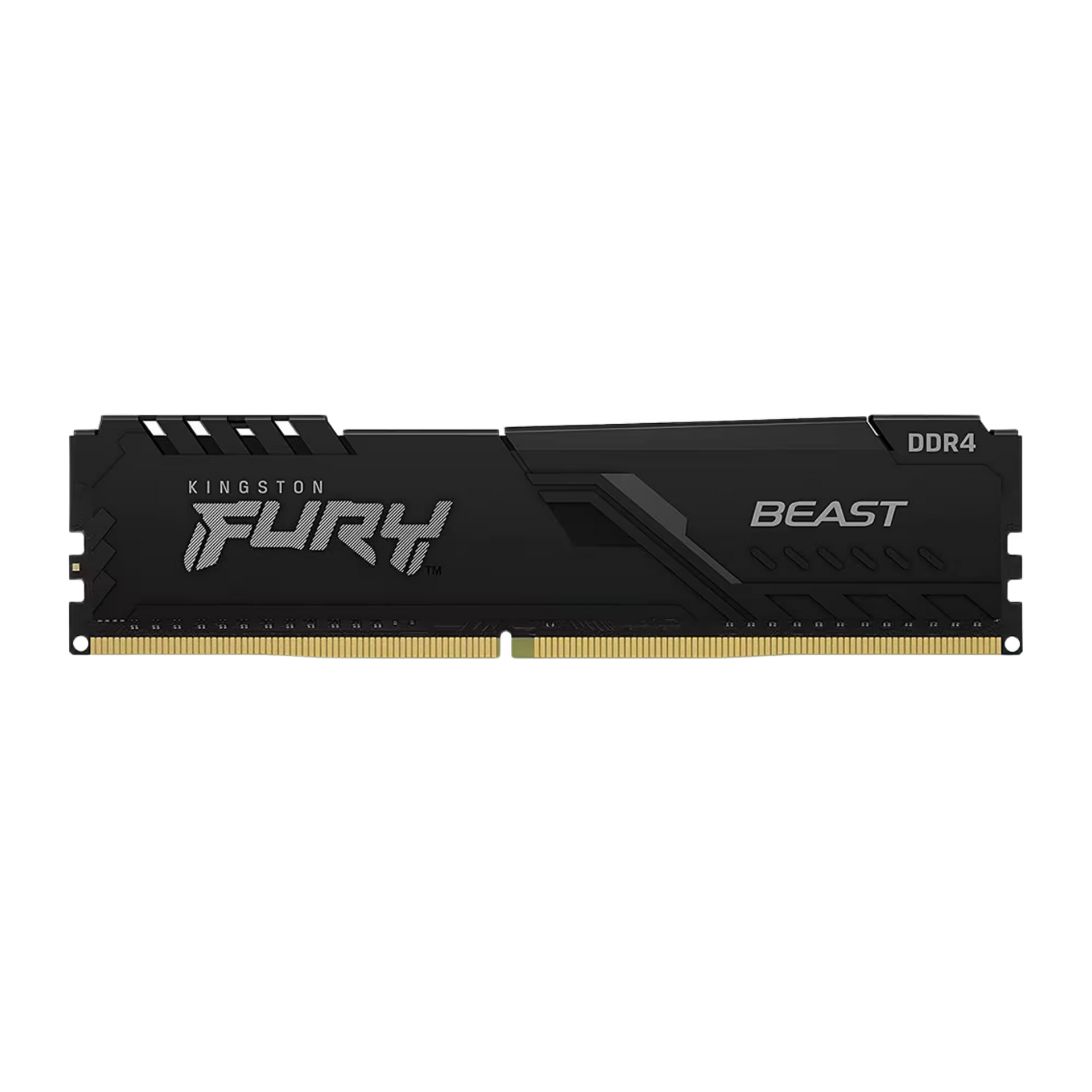 Kingston Fury Beast DDR4 RAM module with a black heat spreader and gold-plated contacts, shown on a plain white background.