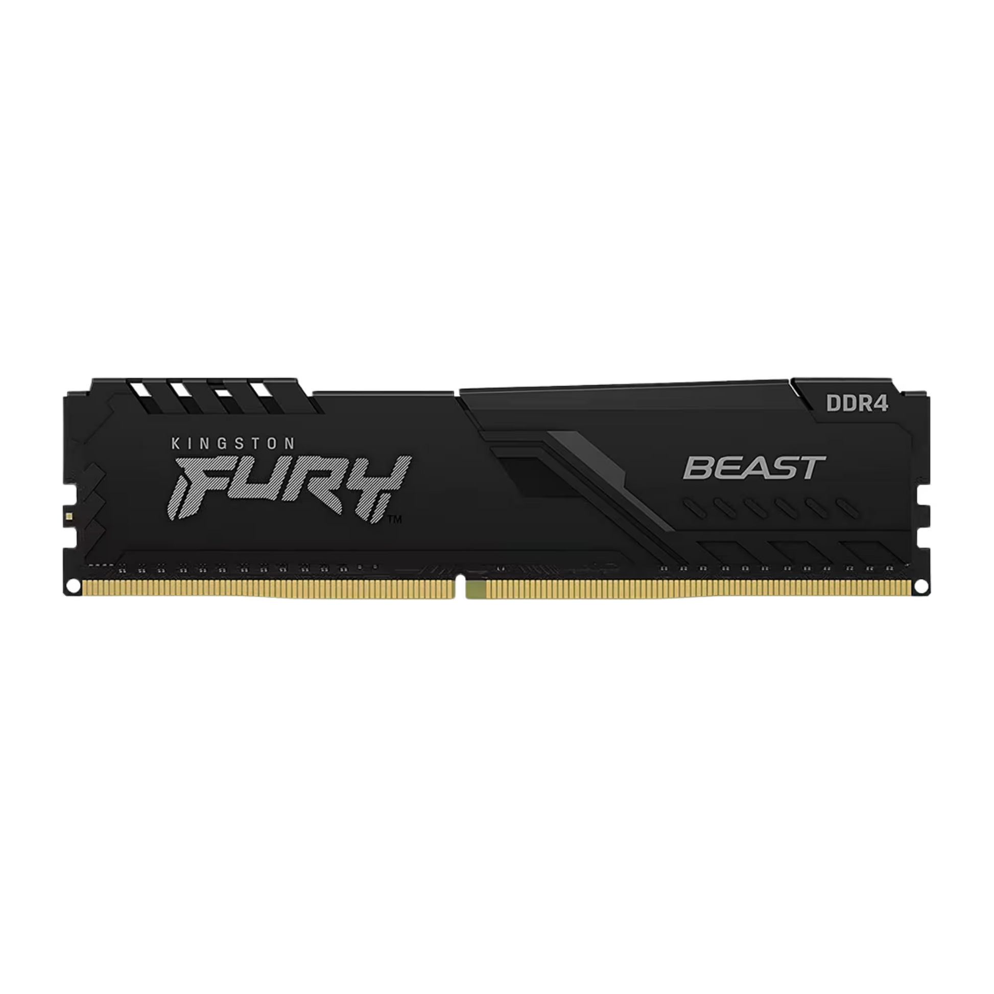 Kingston Fury Beast DDR4 RAM module with a black heat spreader and gold-plated contacts, shown on a plain white background.