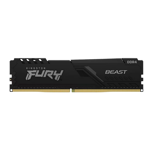 Kingston Fury Beast DDR4 RAM module with a black heat spreader and gold-plated contacts, shown on a plain white background.
