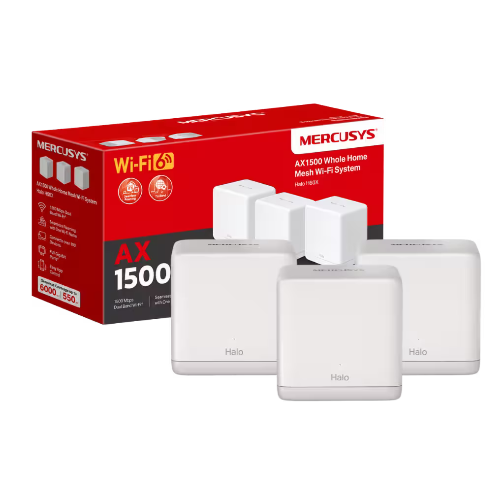 MERCUSYS AX 1500 Whole Home Mesh Wi-Fi System showing four white Halo nodes in front of their red and black retail packaging box.